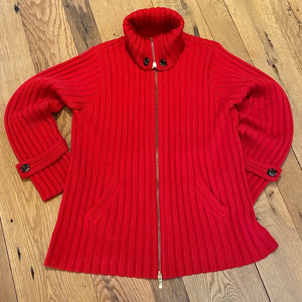 Carlisle Vtg Heavy Ribbed Merino Wool Red Cowl Neck Button Zip Cardigan Jacket L - Picture 2 of 15